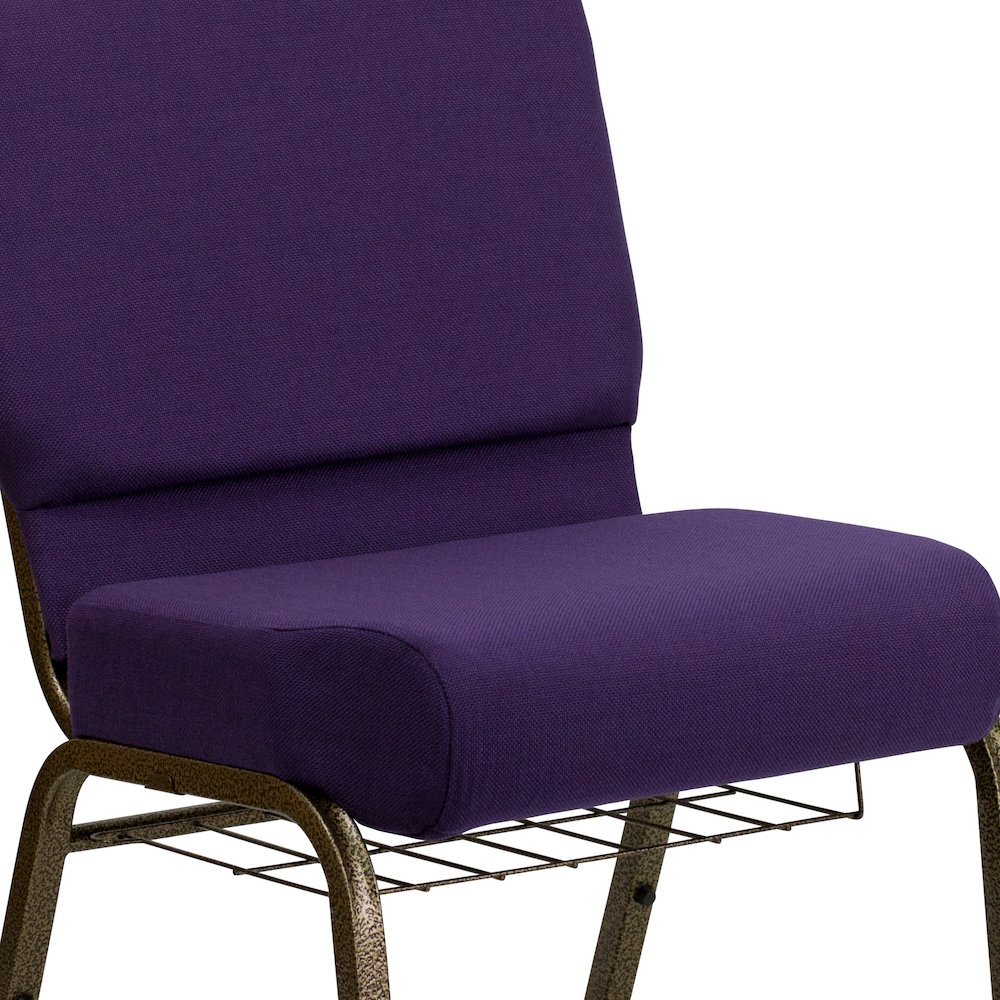 21''W Church Chair in Royal Purple Fabric with Cup Book Rack - Gold Vein Frame. Picture 8