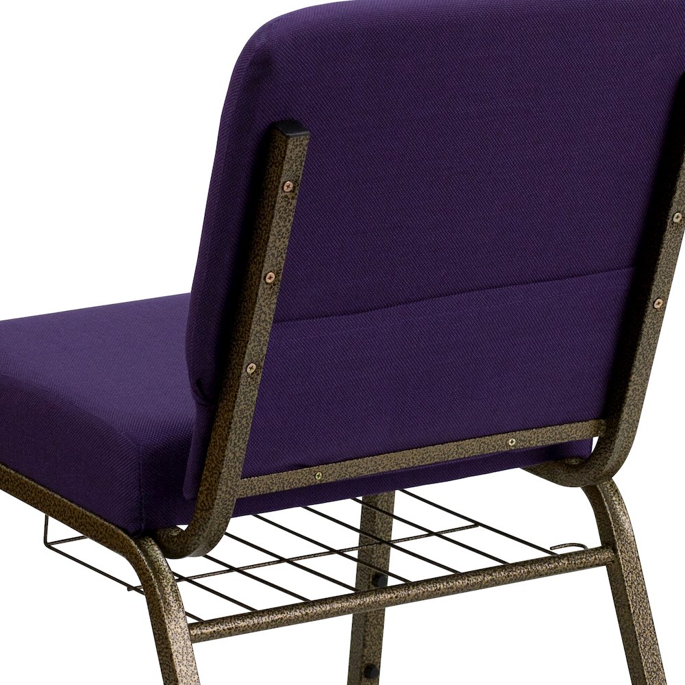 21''W Church Chair in Royal Purple Fabric with Cup Book Rack - Gold Vein Frame. Picture 5