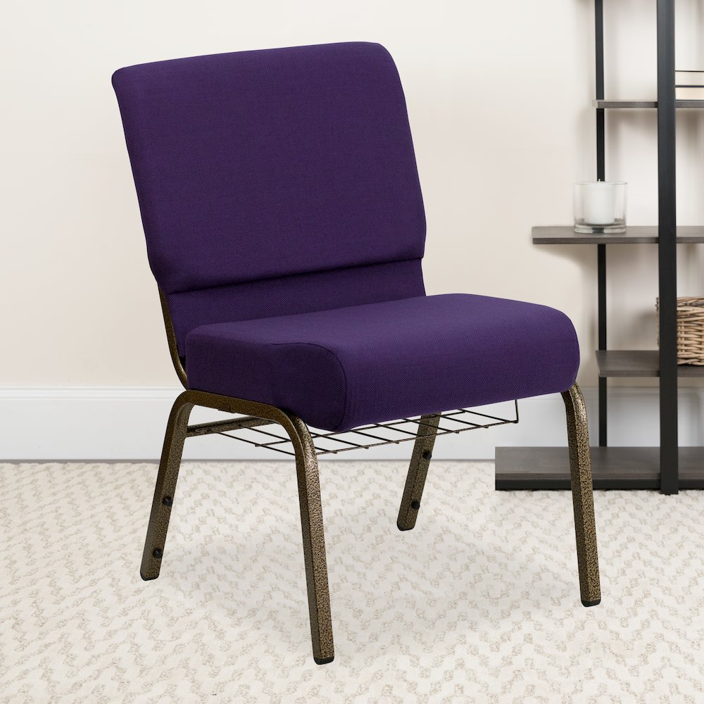 21''W Church Chair in Royal Purple Fabric with Cup Book Rack - Gold Vein Frame. Picture 9