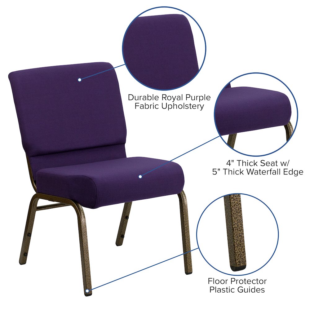 21''W Stacking Church Chair in Royal Purple Fabric - Gold Vein Frame. Picture 6