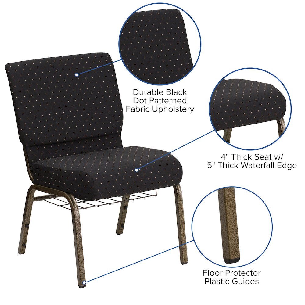 21''W Church Chair in Black Dot Fabric with Cup Book Rack - Gold Vein Frame. Picture 4