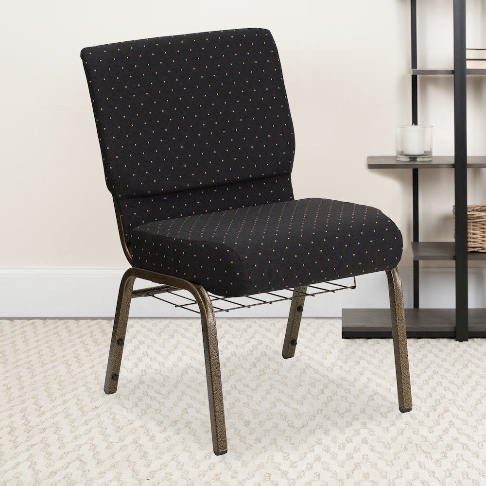21''W Church Chair in Black Dot Patterned Fabric with Cup Book Rack - Gold Vein Frame. Picture 6