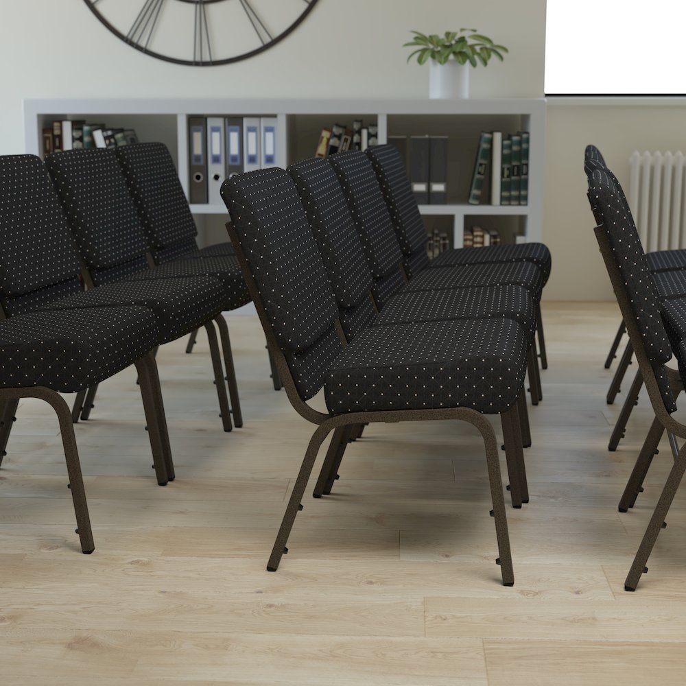 21''W Stacking Church Chair in Black Dot Patterned Fabric - Gold Vein Frame. Picture 9