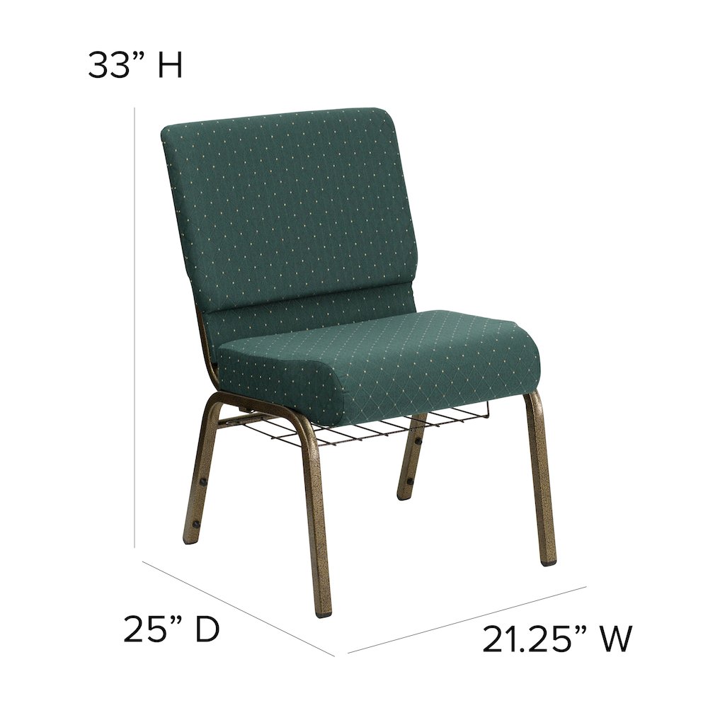 21''W Church Chair in Hunter Green Dot Fabric with Book Rack - Gold Vein Frame. Picture 5
