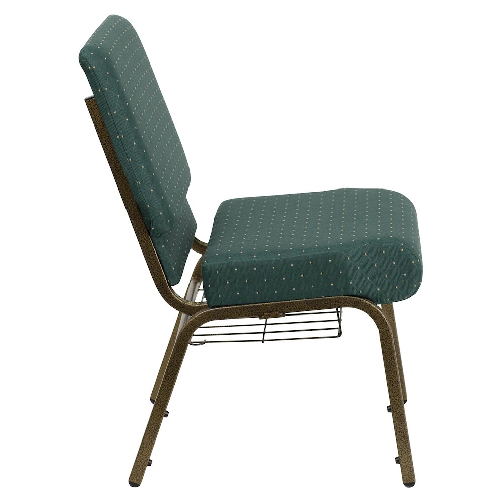 21''W Church Chair in Hunter Green Dot Fabric with Book Rack - Gold Vein Frame. Picture 8