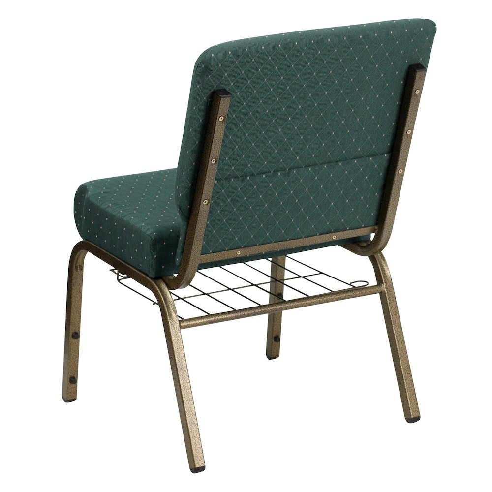 21''W Church Chair in Hunter Green Dot Fabric with Book Rack - Gold Vein Frame. Picture 6