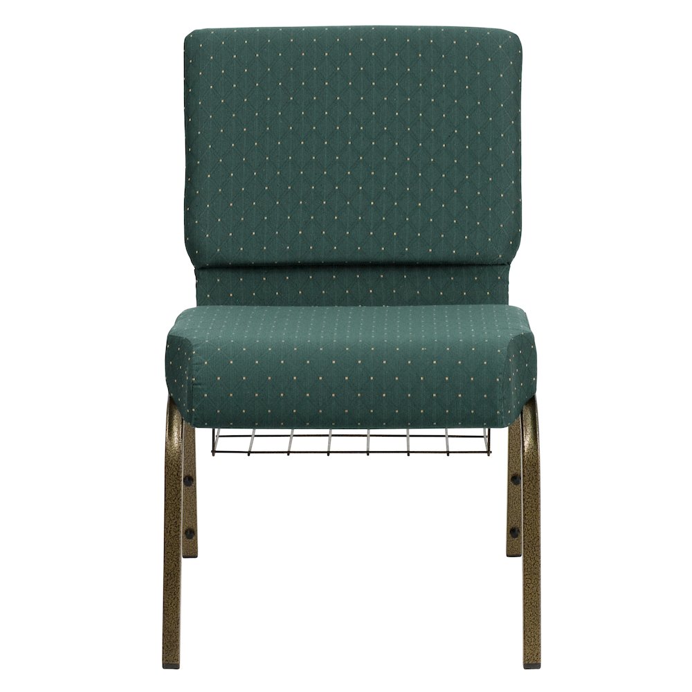 21''W Church Chair in Hunter Green Dot Fabric with Book Rack - Gold Vein Frame. Picture 9