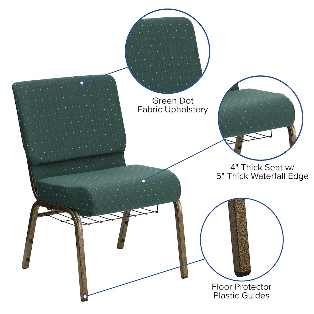 21''W Church Chair in Hunter Green Dot Fabric with Book Rack - Gold Vein Frame. Picture 4