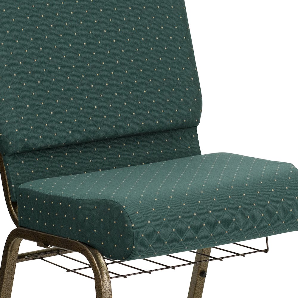21''W Church Chair in Hunter Green Dot Fabric with Book Rack - Gold Vein Frame. Picture 10