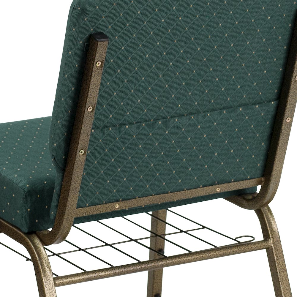 21''W Church Chair in Hunter Green Dot Fabric with Book Rack - Gold Vein Frame. Picture 7