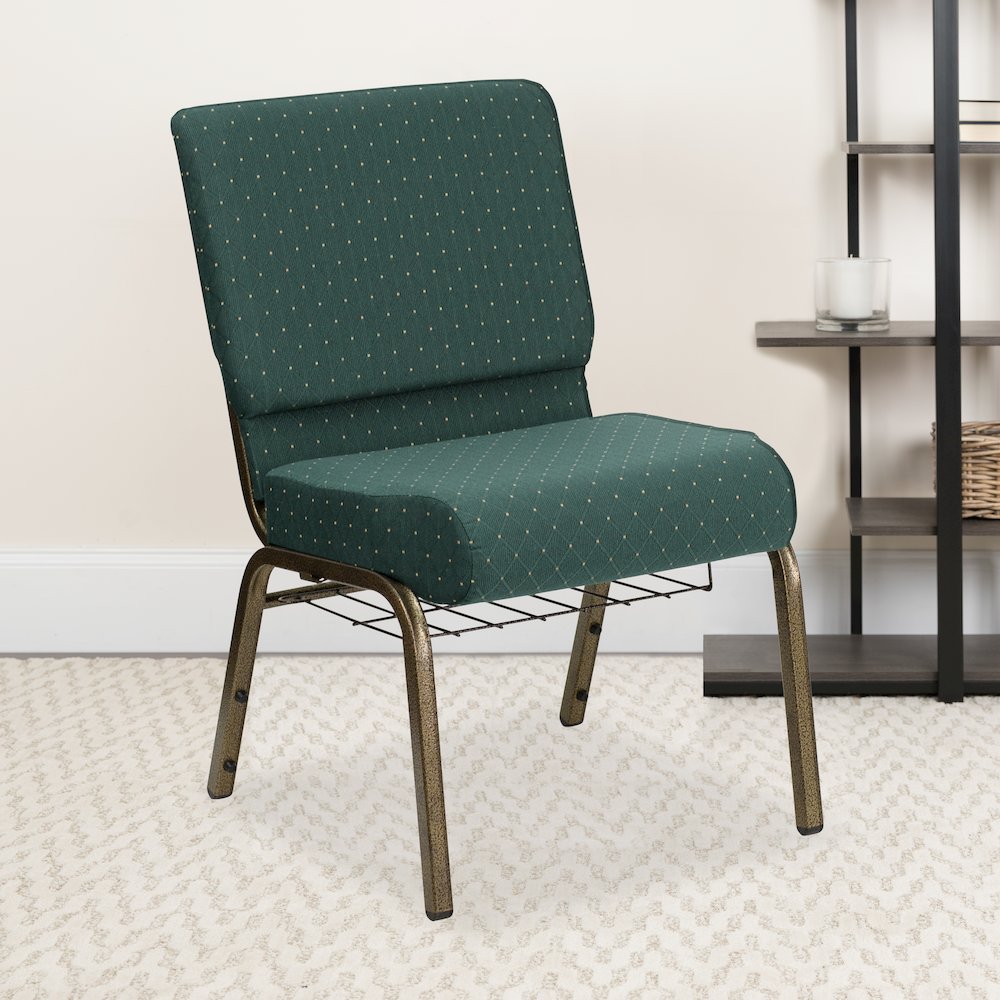 21''W Church Chair in Hunter Green Dot Fabric with Book Rack - Gold Vein Frame. Picture 2