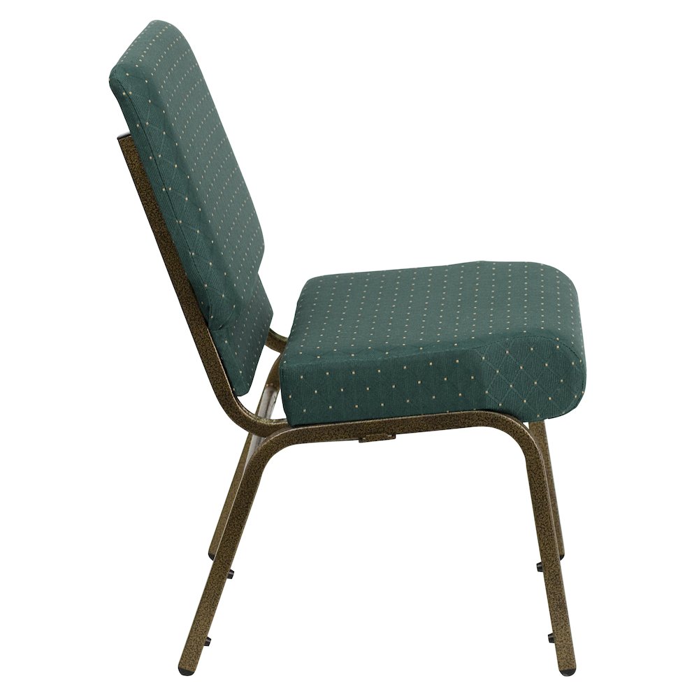 21''W Stacking Church Chair in Hunter Green Dot Patterned Fabric - Gold Vein Frame. Picture 3
