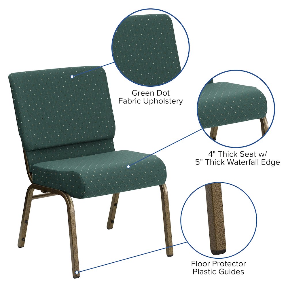 21''W Stacking Church Chair in Hunter Green Dot Fabric - Gold Vein Frame. Picture 4