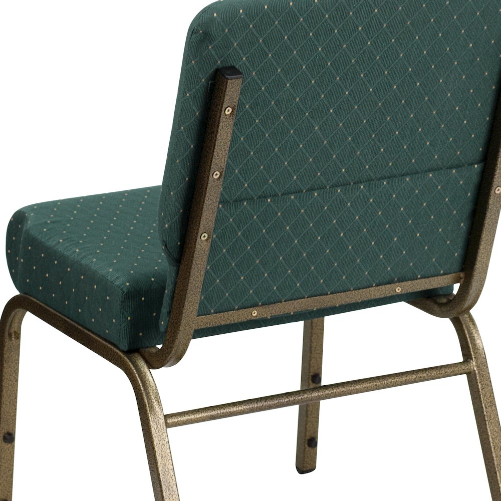 21''W Stacking Church Chair in Hunter Green Dot Patterned Fabric - Gold Vein Frame. Picture 7