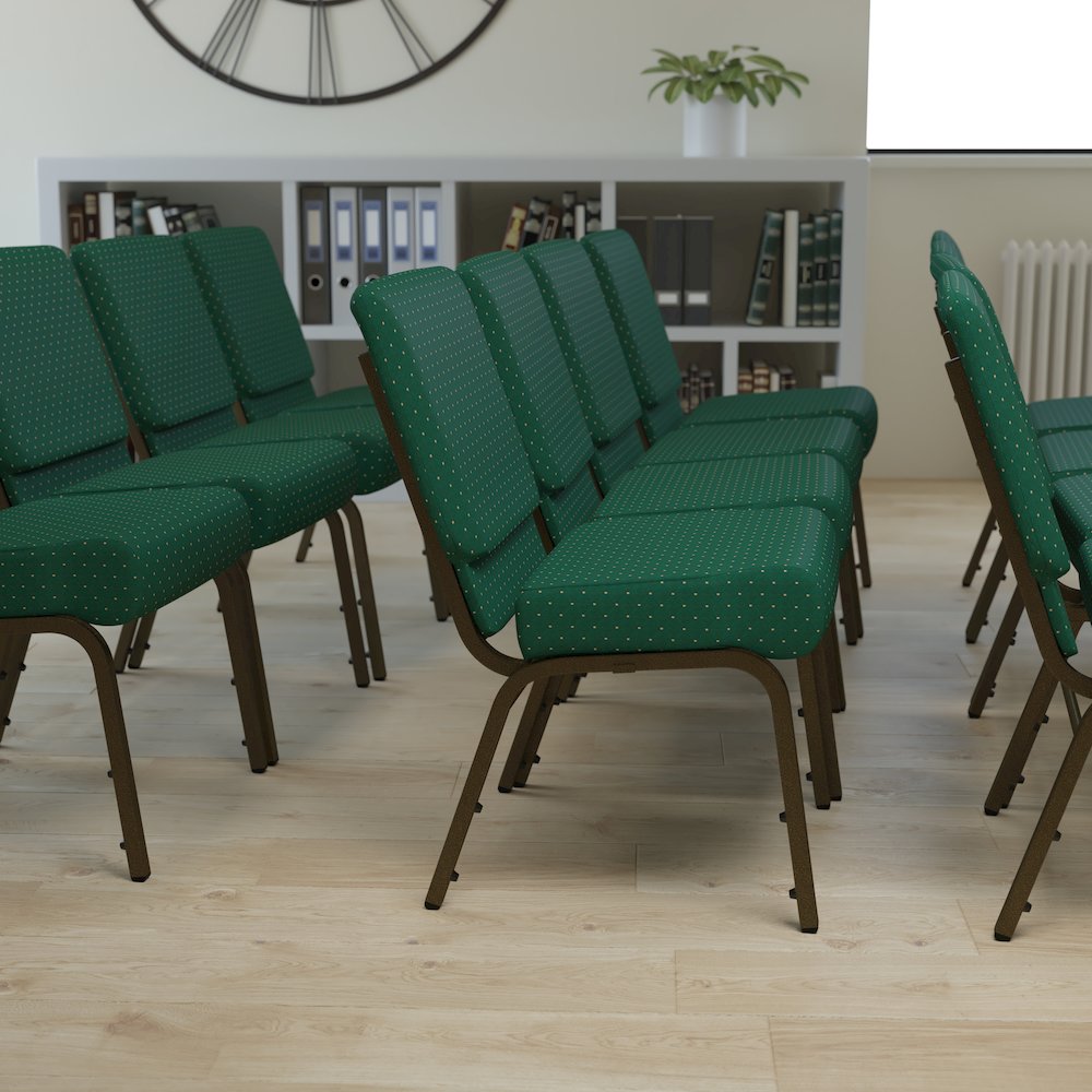 21''W Stacking Church Chair in Hunter Green Dot Patterned Fabric - Gold Vein Frame. Picture 8
