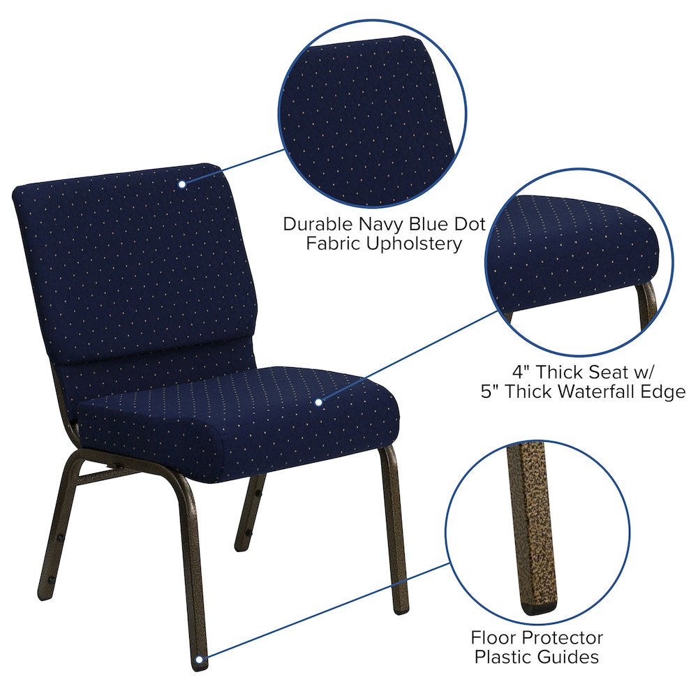 21''W Stacking Church Chair in Navy Blue Dot Patterned Fabric - Gold Vein Frame. Picture 5