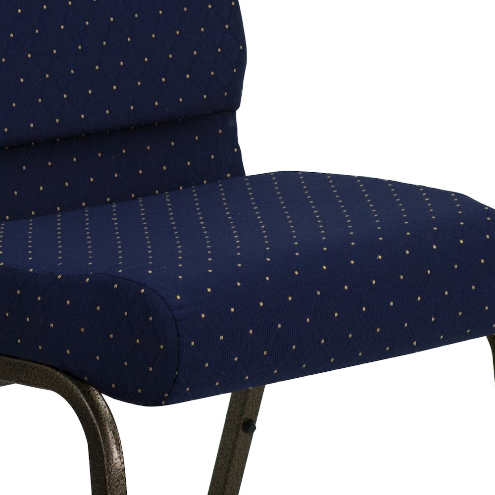 21''W Stacking Church Chair in Navy Blue Dot Patterned Fabric - Gold Vein Frame. Picture 11