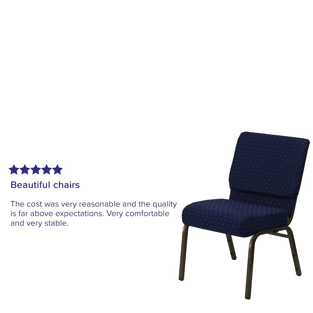 21''W Stacking Church Chair in Navy Blue Dot Patterned Fabric - Gold Vein Frame. Picture 4