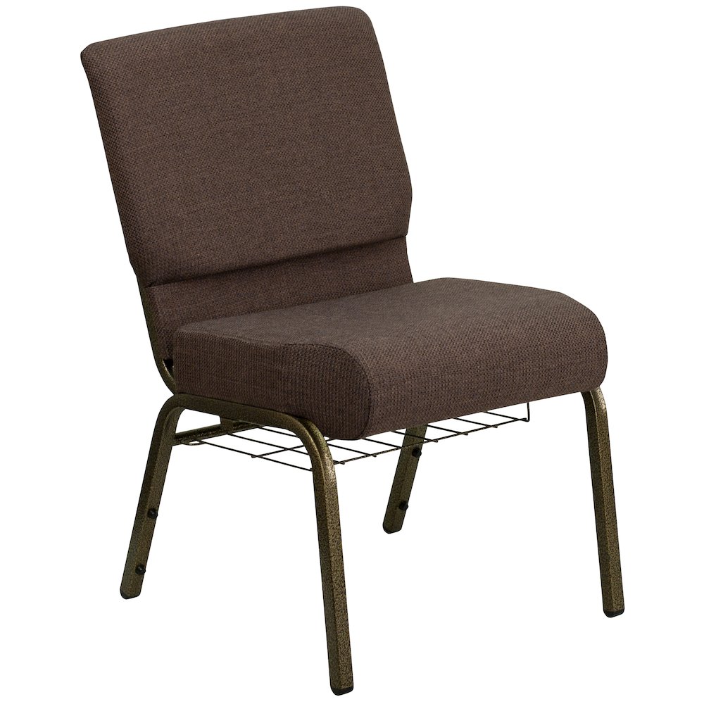21''W Church Chair in Brown Fabric with Cup Book Rack - Gold Vein Frame. Picture 1