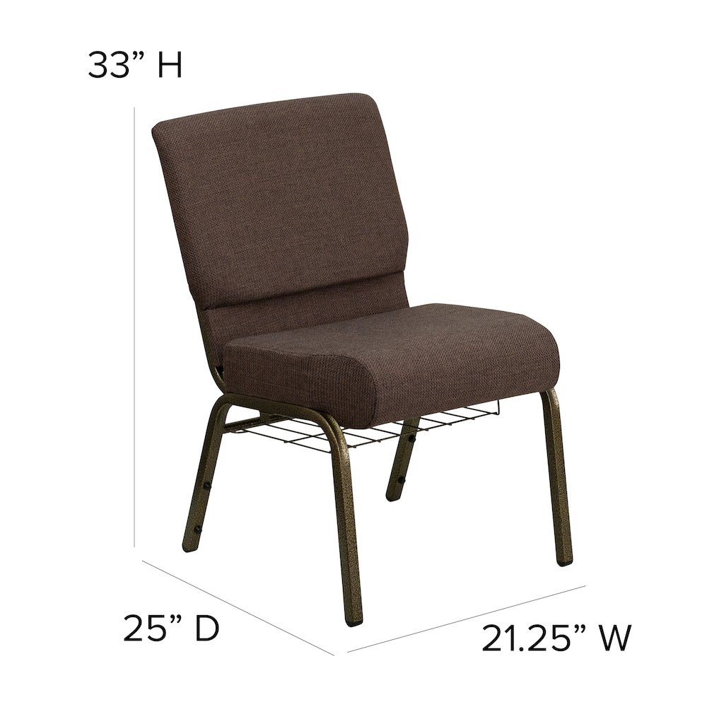 21''W Church Chair in Brown Fabric with Cup Book Rack - Gold Vein Frame. Picture 2