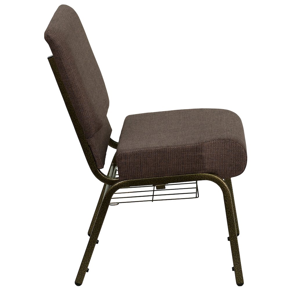 21''W Church Chair in Brown Fabric with Cup Book Rack - Gold Vein Frame. Picture 3