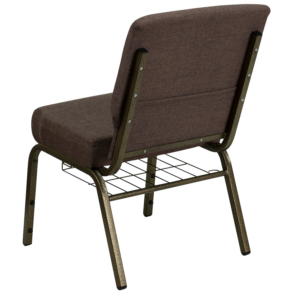 21''W Church Chair in Brown Fabric with Cup Book Rack - Gold Vein Frame. Picture 4