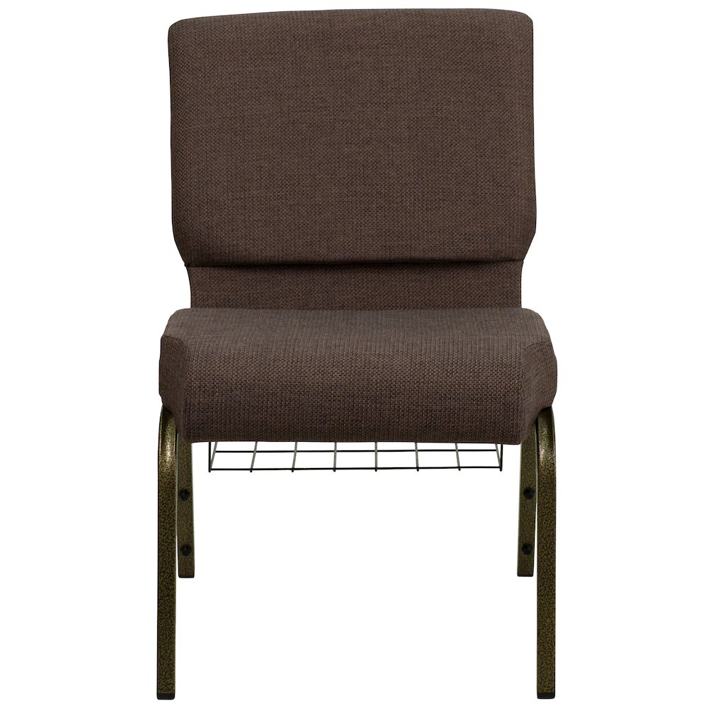 21''W Church Chair in Brown Fabric with Cup Book Rack - Gold Vein Frame. Picture 5