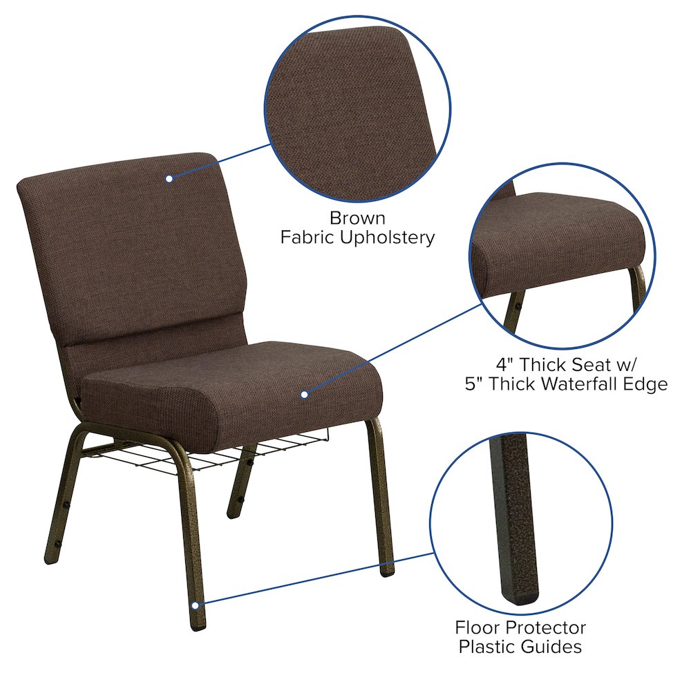 21''W Church Chair in Brown Fabric with Cup Book Rack - Gold Vein Frame. Picture 6