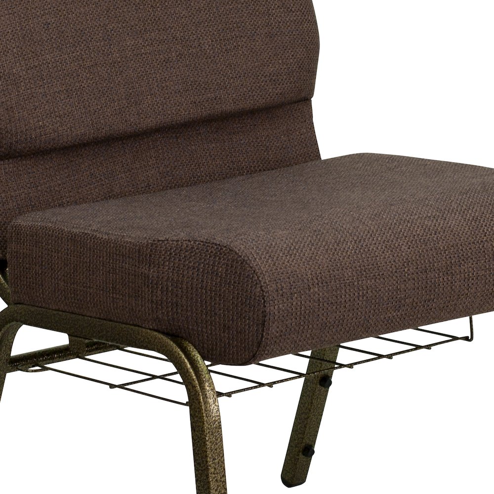 21''W Church Chair in Brown Fabric with Cup Book Rack - Gold Vein Frame. Picture 7