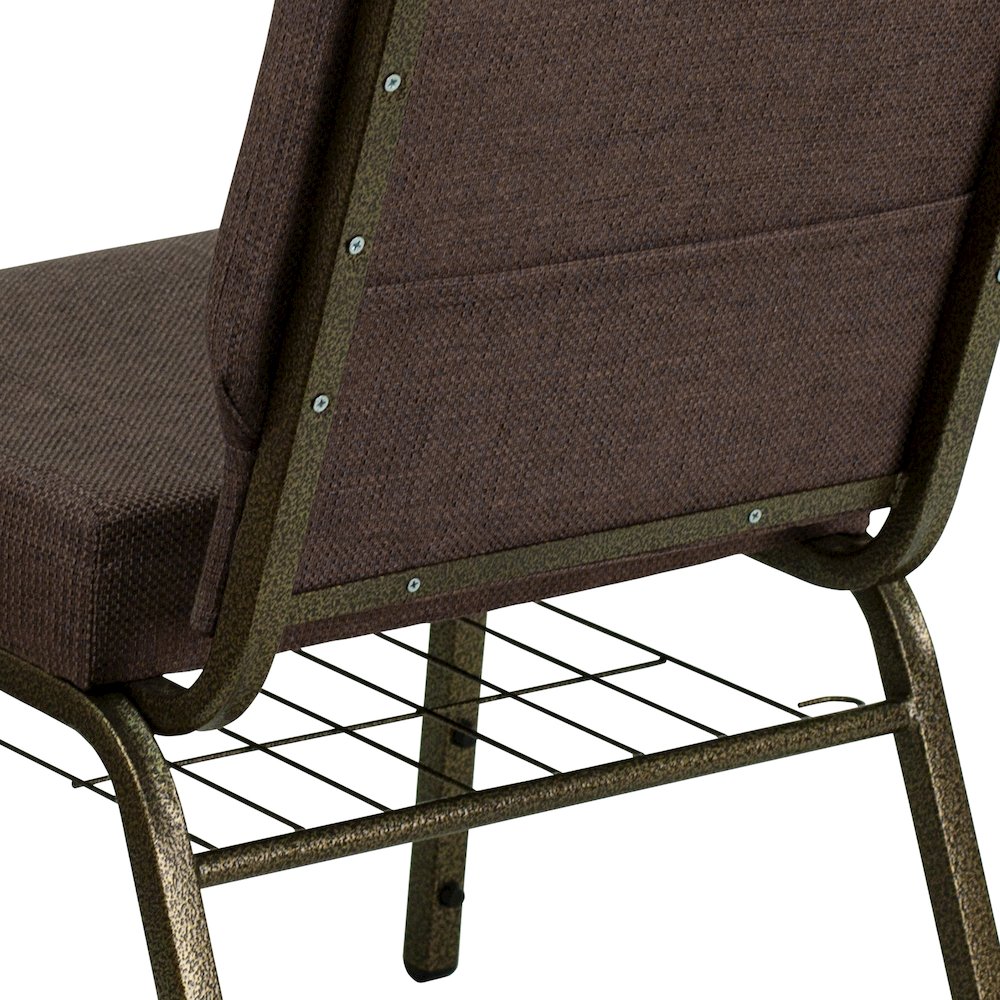 21''W Church Chair in Brown Fabric with Cup Book Rack - Gold Vein Frame. Picture 8