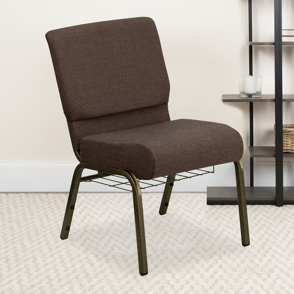 21''W Church Chair in Brown Fabric with Cup Book Rack - Gold Vein Frame. Picture 9