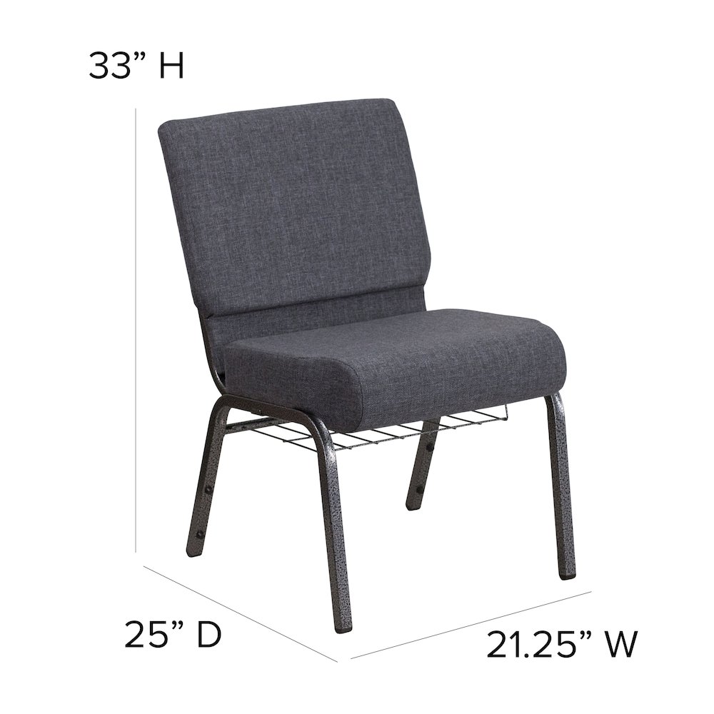 21''W Church Chair in Dark Gray Fabric with Book Rack - Silver Vein Frame. Picture 2