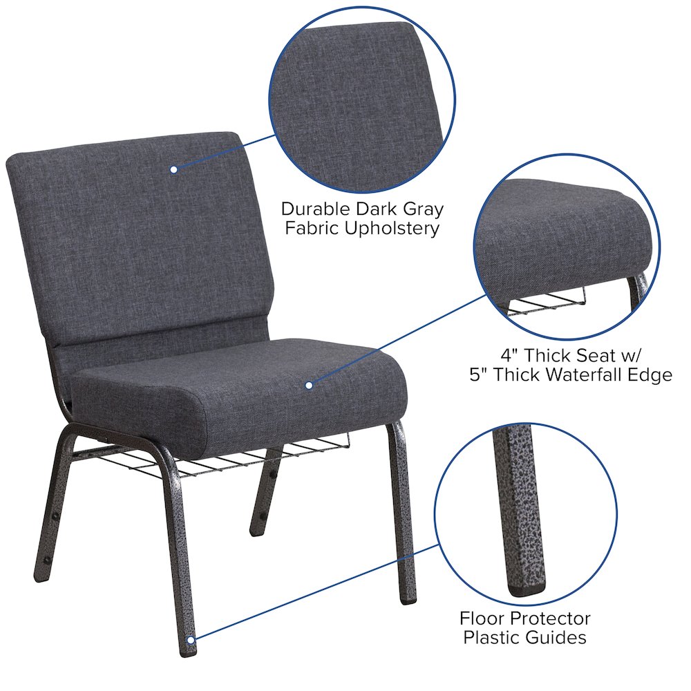 21''W Church Chair in Dark Gray Fabric with Book Rack - Silver Vein Frame. Picture 6