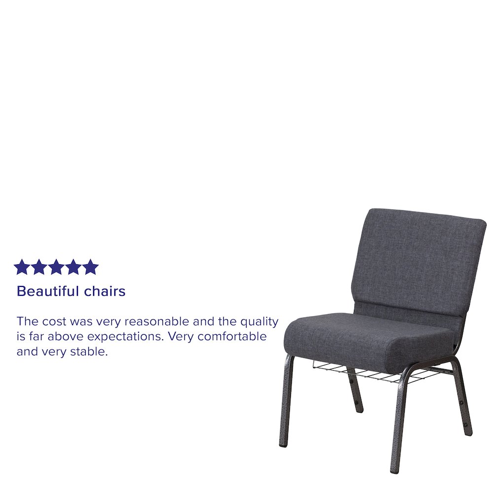 21''W Church Chair in Dark Gray Fabric with Book Rack - Silver Vein Frame. Picture 10