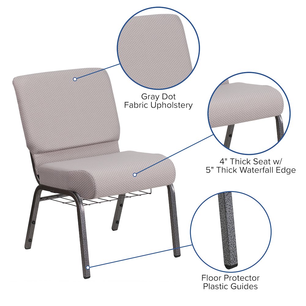 21''W Church Chair in Gray Dot Fabric with Book Rack - Silver Vein Frame. Picture 4