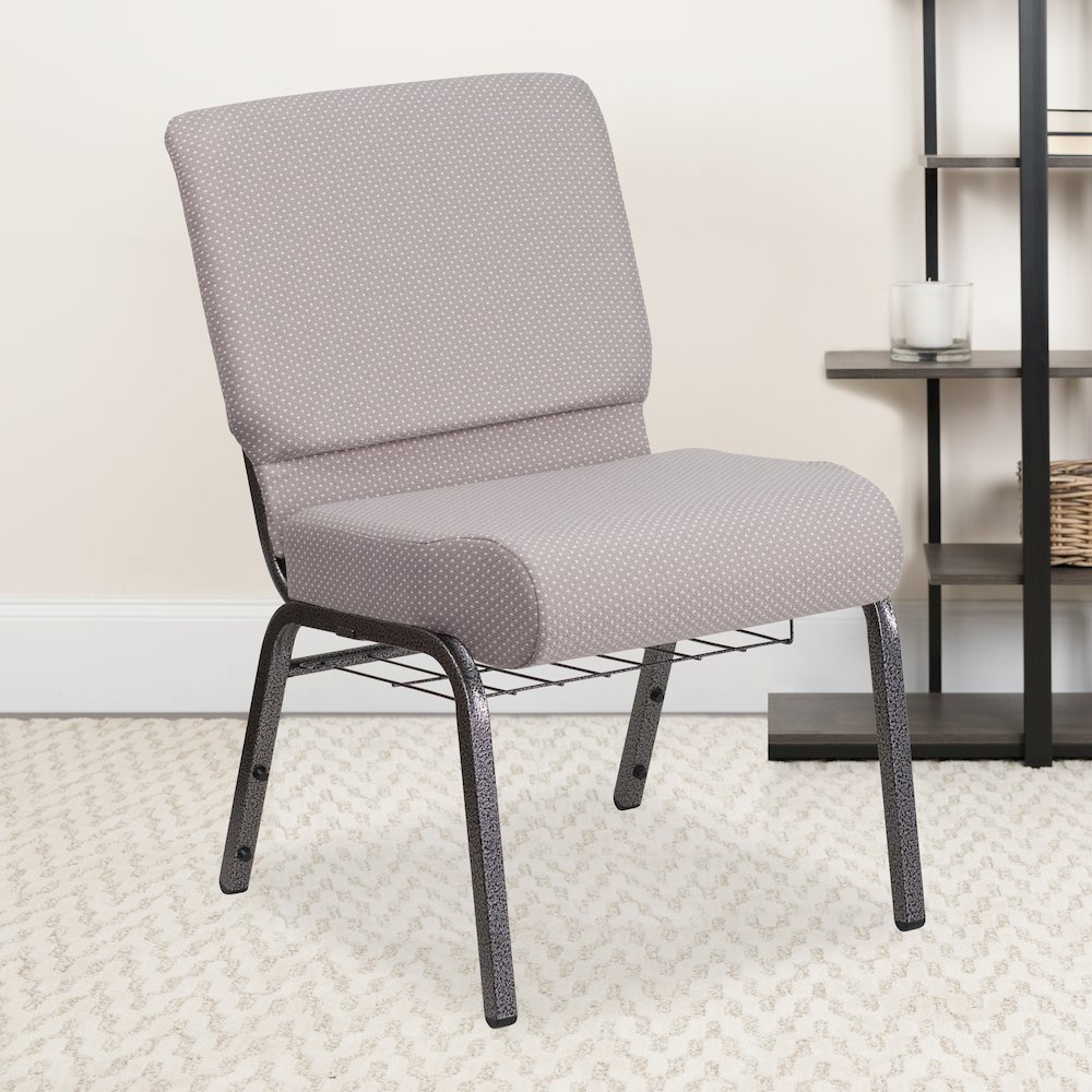 21''W Church Chair in Gray Dot Fabric with Book Rack - Silver Vein Frame. Picture 6