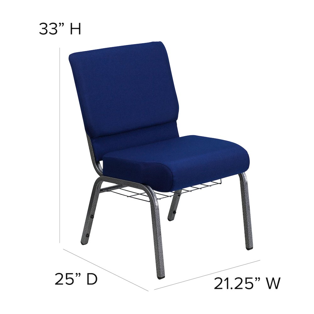 21''W Church Chair in Navy Blue Fabric with Cup Book Rack - Silver Vein Frame. Picture 2