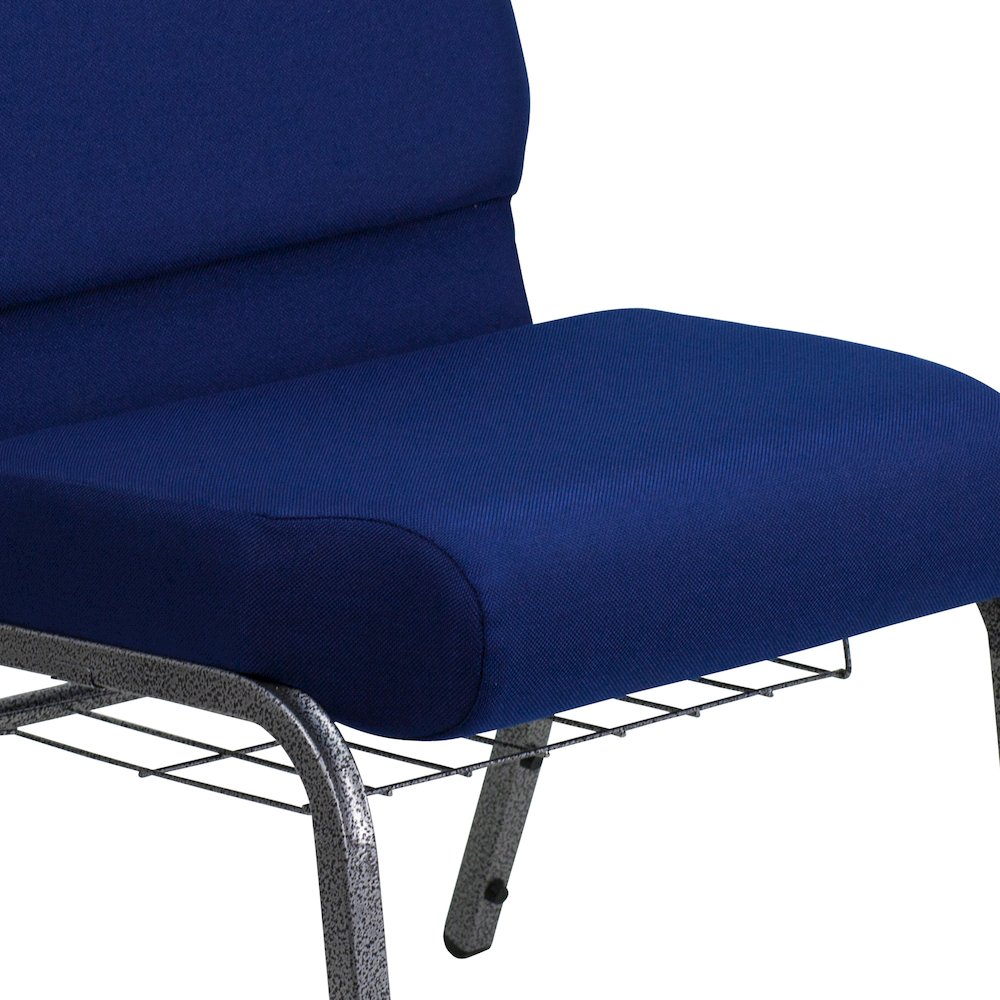 21''W Church Chair in Navy Blue Fabric with Cup Book Rack - Silver Vein Frame. Picture 7