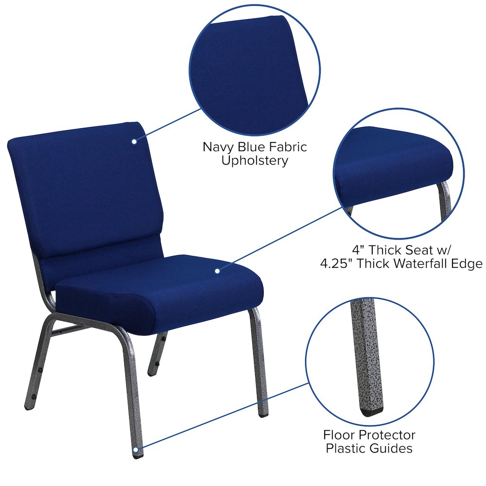21''W Stacking Church Chair in Navy Blue Fabric - Silver Vein Frame. Picture 6