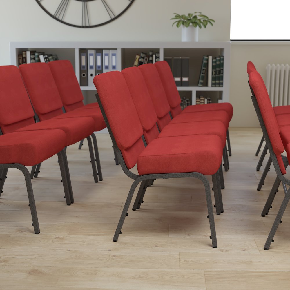 21''W Stacking Church Chair in Crimson Fabric - Silver Vein Frame. Picture 2