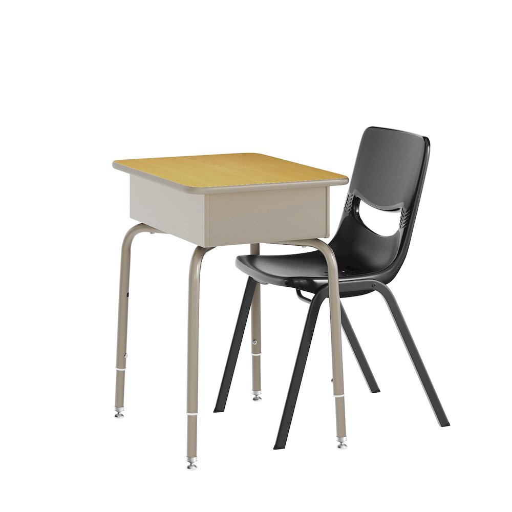 Desk with Open Front Metal Book Box, Maple Desktop, Black Stack Chair. Picture 1