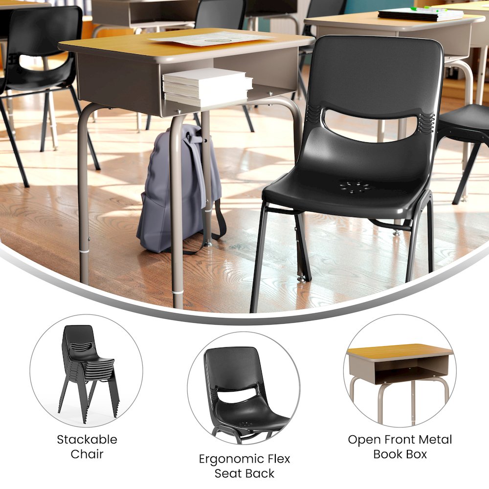 Desk with Open Front Metal Book Box, Maple Desktop, Black Stack Chair. Picture 4