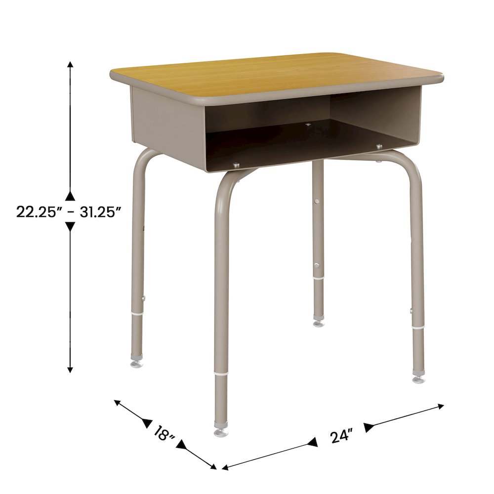 Desk with Open Front Metal Book Box, Maple Desktop, Black Stack Chair. Picture 5