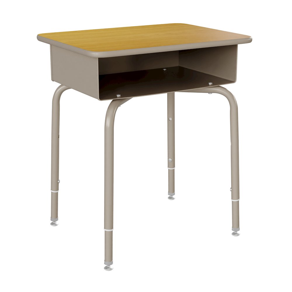 Desk with Open Front Metal Book Box, Maple Desktop, Black Stack Chair. Picture 7
