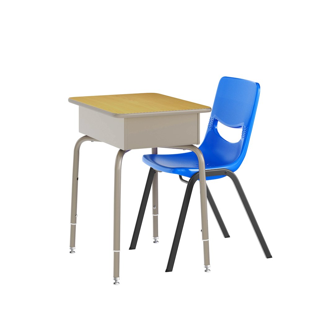 Desk with Open Front Metal Book Box, Maple Desktop, Navy Stack Chair. Picture 1