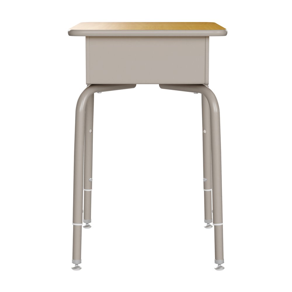 Desk with Open Front Metal Book Box, Maple Desktop, Navy Stack Chair. Picture 8