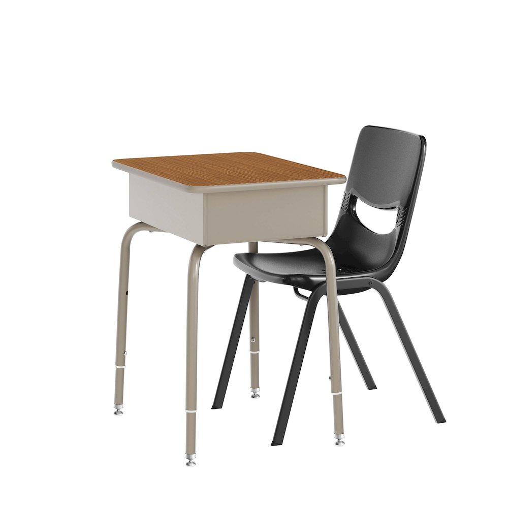 Desk with Open Front Metal Book Box, Walnut Desktop, Black Stack Chair. Picture 1