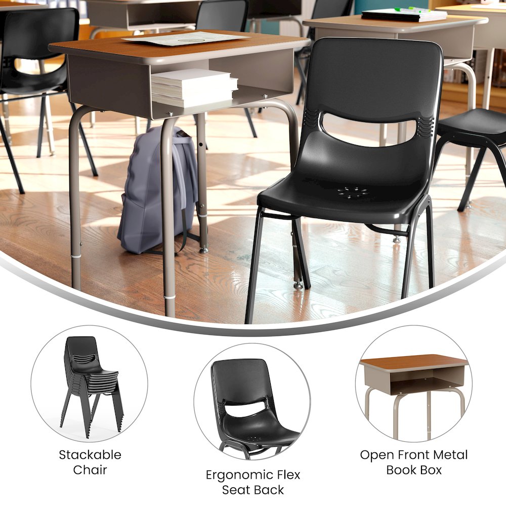 Desk with Open Front Metal Book Box, Walnut Desktop, Black Stack Chair. Picture 4