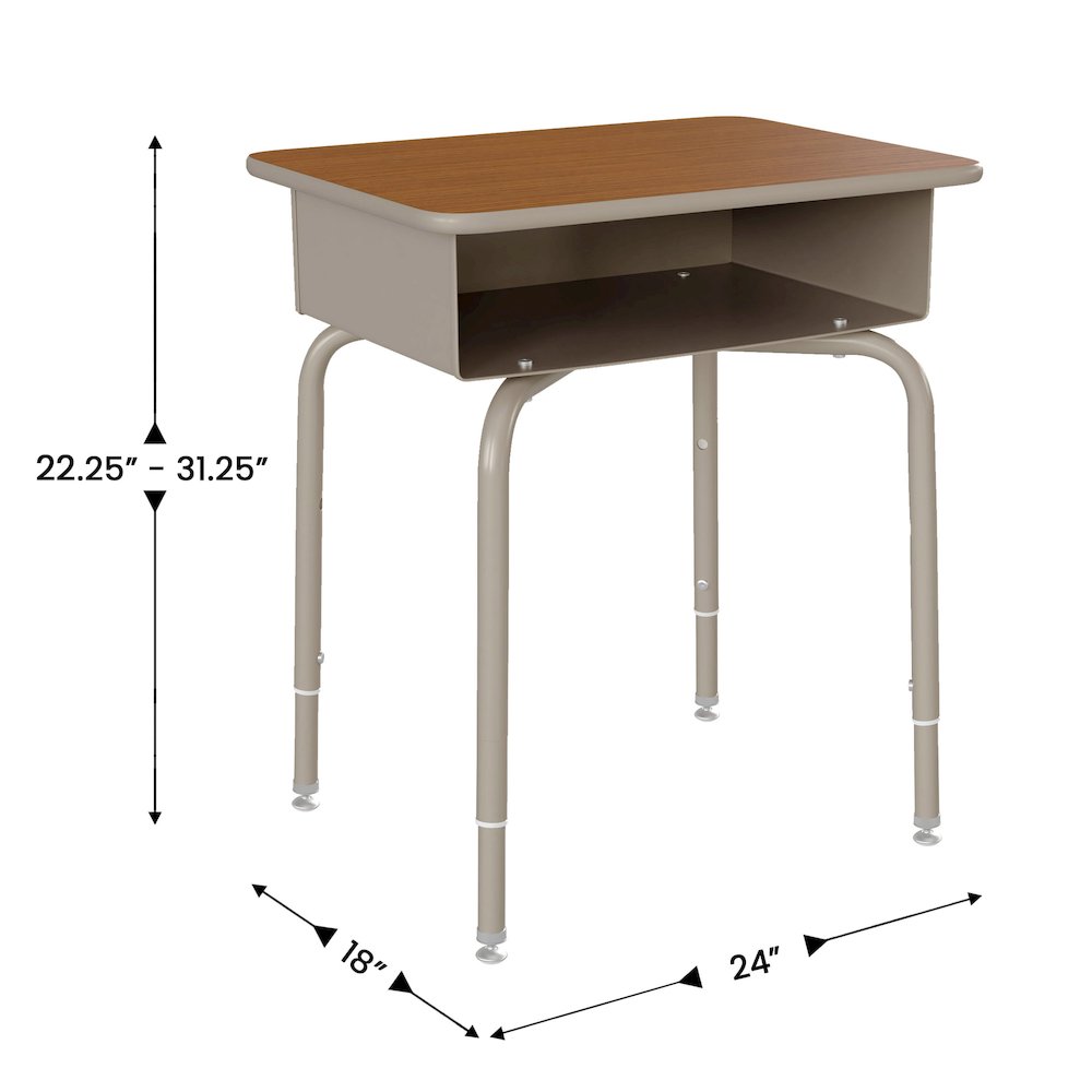 Desk with Open Front Metal Book Box, Walnut Desktop, Black Stack Chair. Picture 5