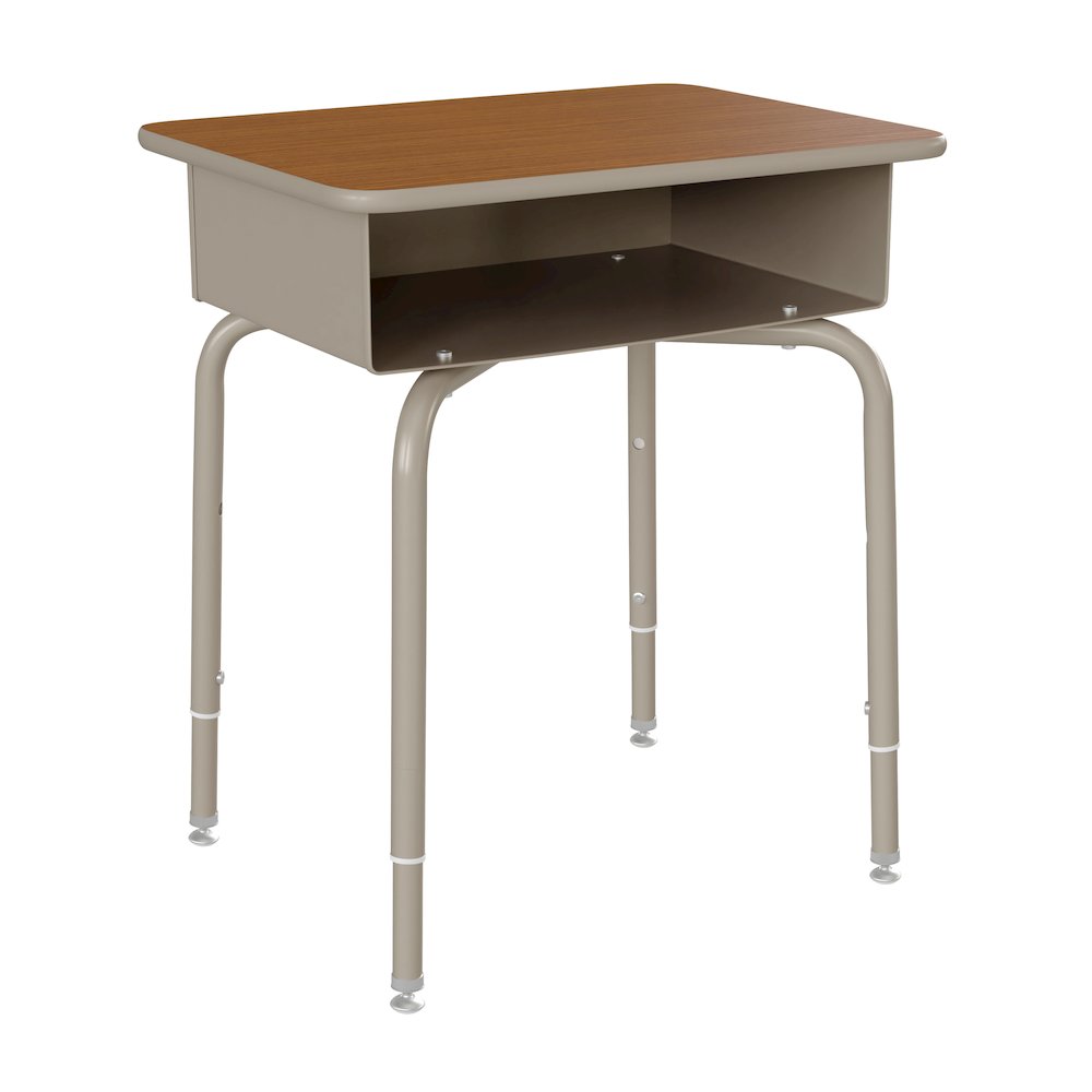 Desk with Open Front Metal Book Box, Walnut Desktop, Black Stack Chair. Picture 7